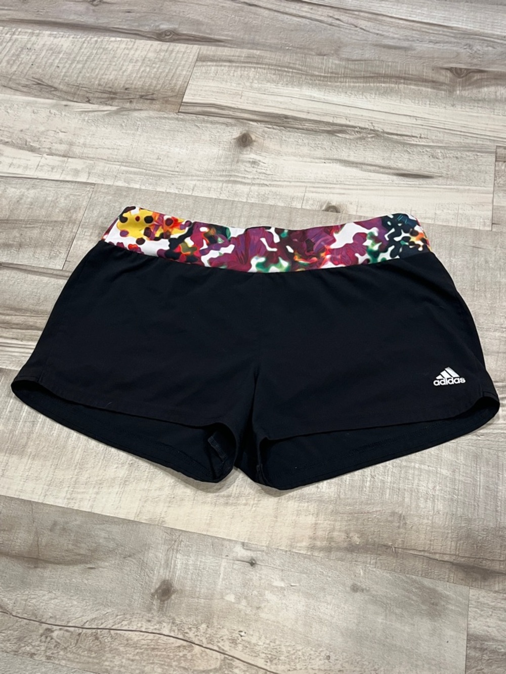 adidas Women's Black Athletic Shorts with Multicolor Floral Waistband